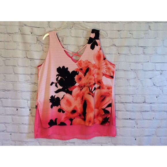 Worthington Woman’s Size PXL Pink Black Floral Sheer Layered Tank/TunIc/Blouse - Picture 2 of 7